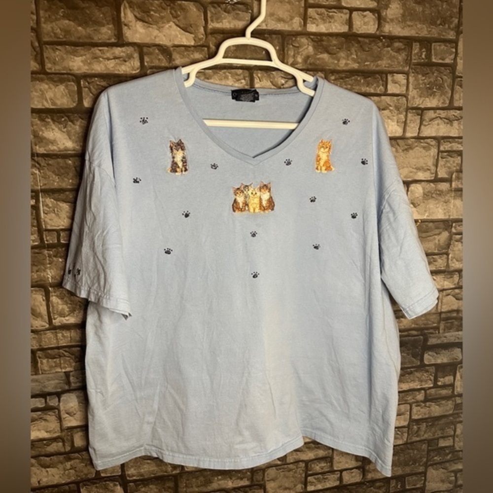 Vintage Quail Hollow Embroidered Kitten Vneck Shirt Size 3X
